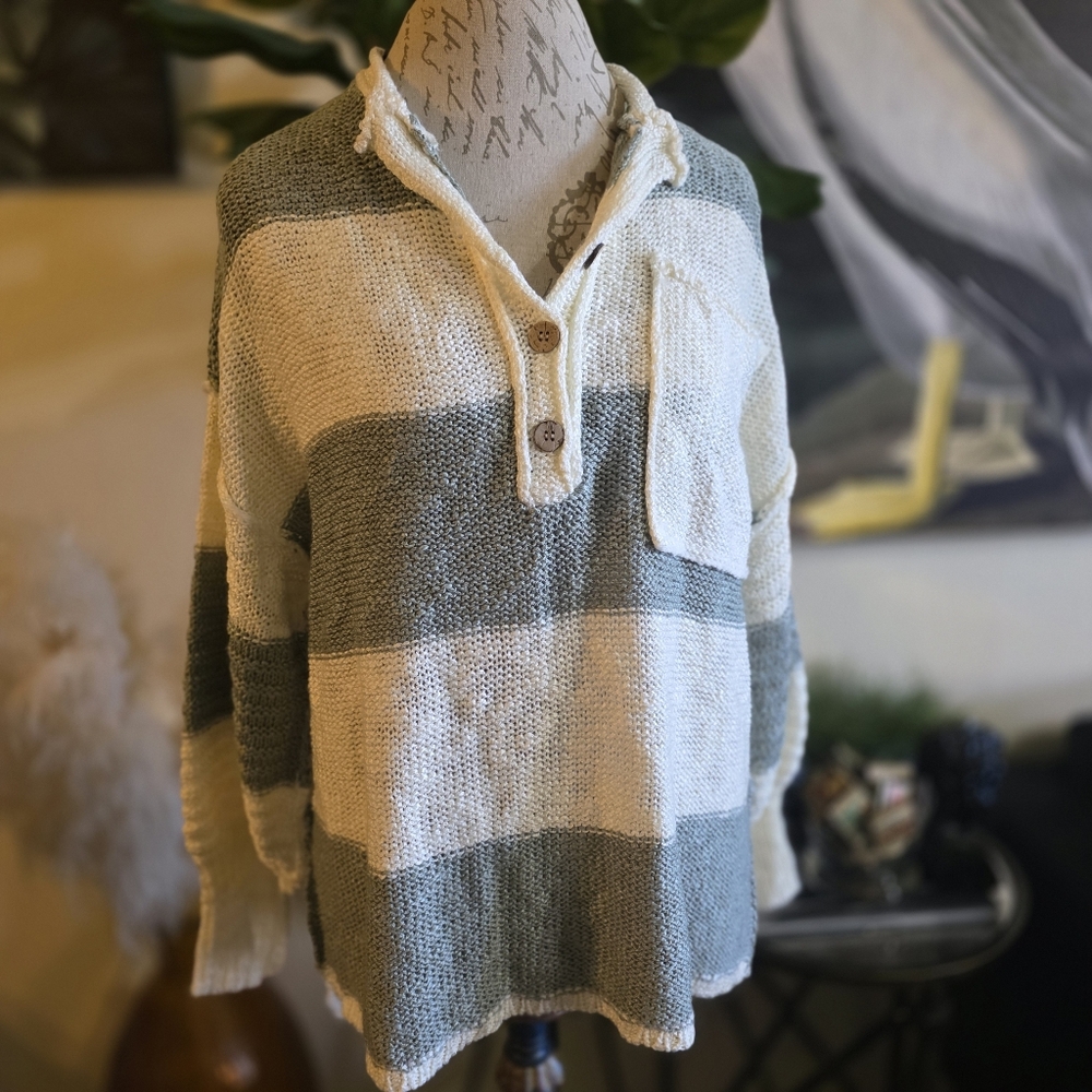 She + Sky Rugby Striped Henley Sweater in Green and Cream
